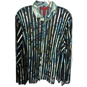 VTG JS Collections Plus Sz‎ 20 W Black Blue Mesh Stripe Zip up Top Shirt Blouse